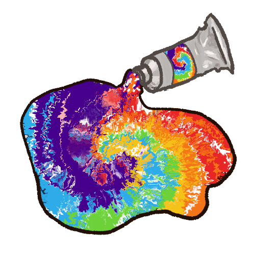 A silver paint tube has a tie dye pattern on its label. Spilling out in front of the paint tube is a big puddle colored as if it had been tie dyed a rainbow spiral pattern.